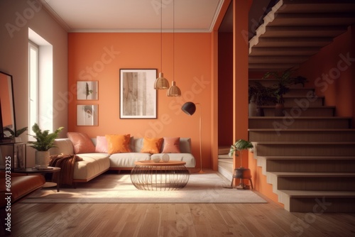 Modern cozy living room, in soothing warm colors, with modern furniture made of natural materials, with a staircase to the upper floors Generative AI