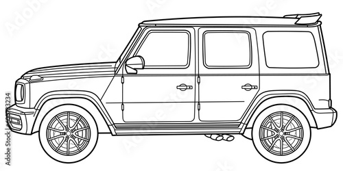 Classic suv car. Crossover car side view shot. Outline doodle vector illustration. Design for print, coloring book