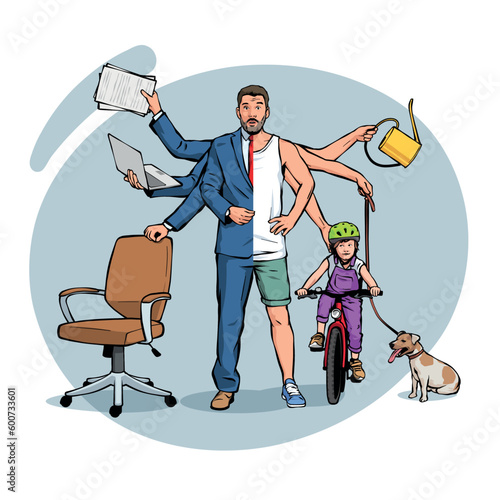 stressed desperate man balance between workplace and family doing a lot of tasks. houseman with multiple arms struggles work life balance