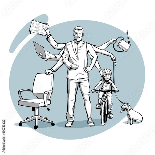 uncolored vector illustration of a stressed man balancing between workplace and family doing a lot of tasks. man with multiple arms. work-life-balance. mental overload. multitasking.