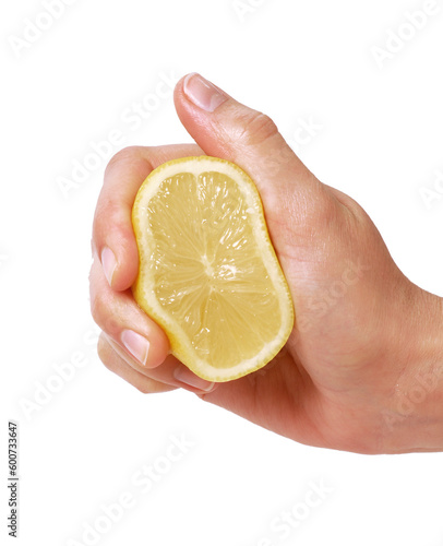 hand squeezing lemon isolated on transparent layered background.