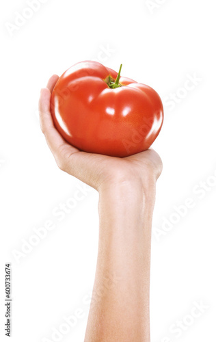 Female hand hold tomato isolated on transparent layered background.