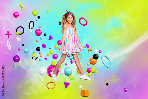 Pop poster banner collage of kid girl walking on virtual cyberspace reality math symbols stream levitating