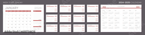 2024 - 2025 Calendar Planner Template. Vector layout of a wall or desk simple calendar with week start sunday. Set of monthly and annual page calendar in minimalist corporate design for print.