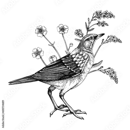 Sketched eyebrowed thrush in sketch style. Vector wildlife illustration. Creative designs with bird and summer wildflowers for nature print, wall art, poster, cards, wall art.