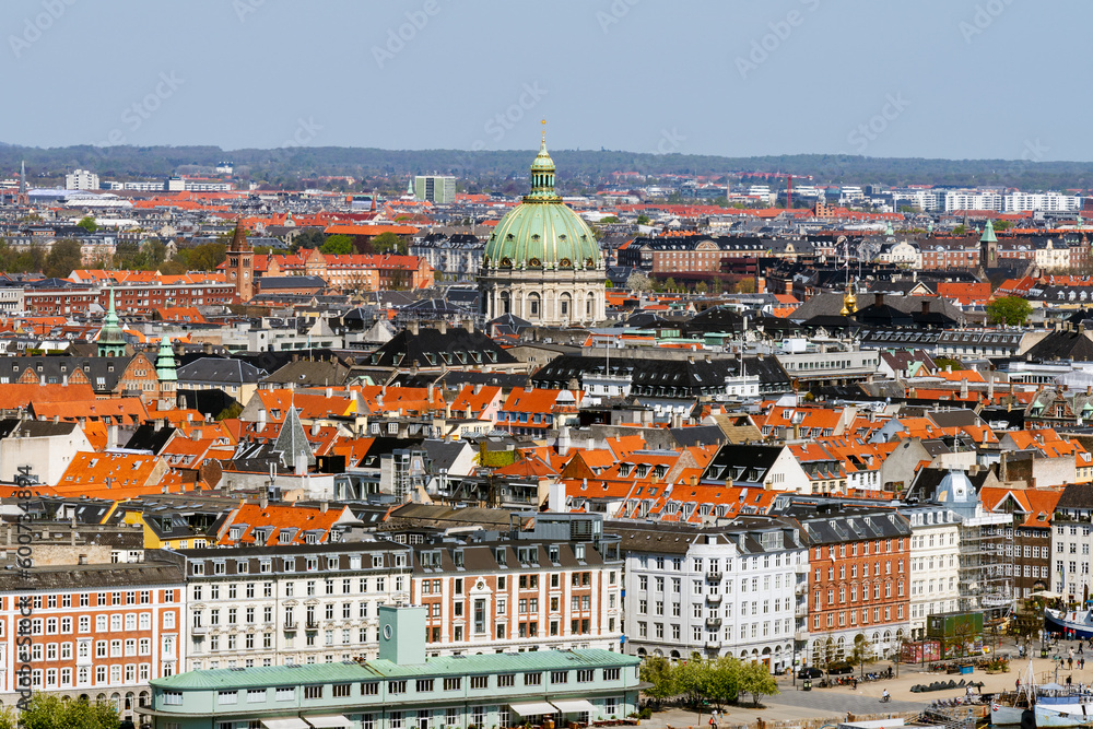 Aerial view over central Copenhagen with Frederik's Church (The Marble Church) in Denmark.
