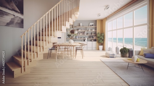 Bright living room of a house by the sea with a staircase to the second floor and a view of the first line of the beach with waves Generative AI