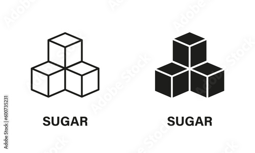 Sugar Cubes Line and Silhouette Icon Set. Low Glucose Black Pictogram. Healthy Sweet Vegan Product Symbol Collection on White Background. Isolated Vector Illustration