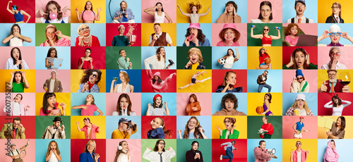 Collage made of portraits of different people of diverse age and gender over multicolored background. Sport  business and lifestyle. Concept of human emotions  youth  lifestyle  facial expression. Ad