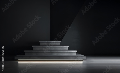 Abstract granite podium pedestal in minimalist dark concept background. With copy text space. Mock up template for product presentation.3D rendering 