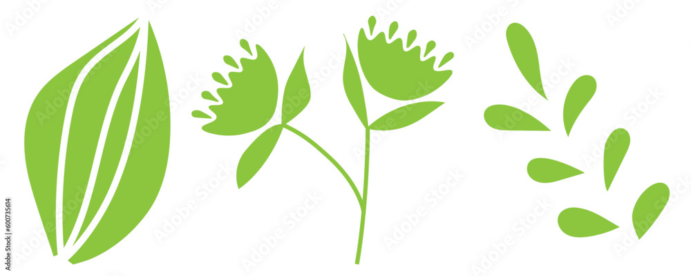 Stencil drawing of plants. Green vector botanical elements. Eco clipart. Flat and linear design. Summer set isolated on white background. Stencil drawing of plants. Green vector botanical elements. Eco clipart. Flat and linear design. Summer set isolated on white background.