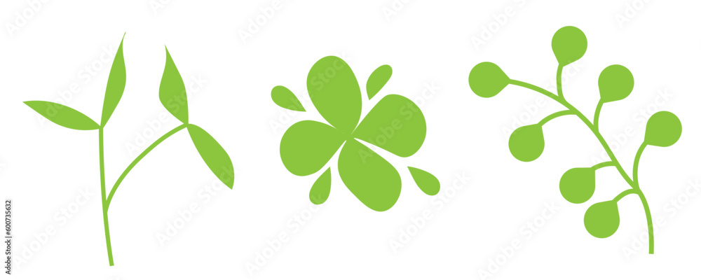 Fototapeta premium Stencil drawing of plants. Green vector botanical elements. Eco clipart. Flat and linear design. Summer set isolated on white background.