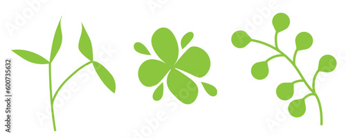 Stencil drawing of plants. Green vector botanical elements. Eco clipart. Flat and linear design. Summer set isolated on white background.