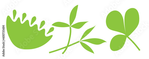 Stencil drawing of plants. Green vector botanical elements. Eco clipart. Flat and linear design. Summer set isolated on white background.