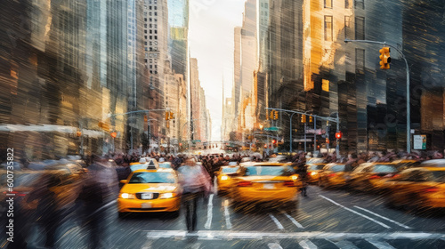 Blurred New York City streetscape, full of cars and yellow cabs. Generative AI