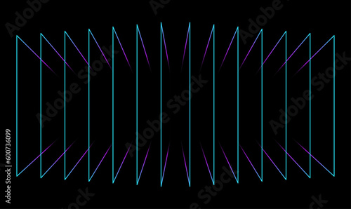 Abstract perspective rectangles line frame overlay pattern by colorful light line glitch effect isolated on black background. Vector illustration AI technology, digital, communication, science, music