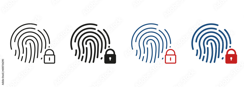 Touch ID Pictogram. Finger Print Scanner with Lock Symbol Collection. Fingerprint Identification Line and Silhouette Icon Set. Biometric Identity Sign. Isolated Vector Illustration Touch ID Pictogram. Finger Print Scanner with Lock Symbol Collection. Fingerprint Identification Line and Silhouette Icon Set. Biometric Identity Sign. Isolated Vector Illustration