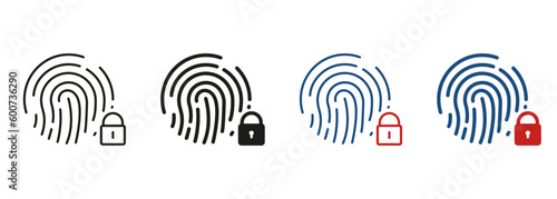 Touch ID Pictogram. Finger Print Scanner with Lock Symbol Collection. Fingerprint Identification Line and Silhouette Icon Set. Biometric Identity Sign. Isolated Vector Illustration