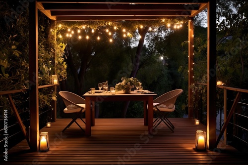 Fotografiet Romantic table for two under a pergola in the evening, generative ai
