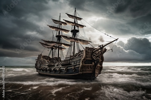 Fotografie, Tablou A ship full of pirates in the middle of the ocean Generative AI