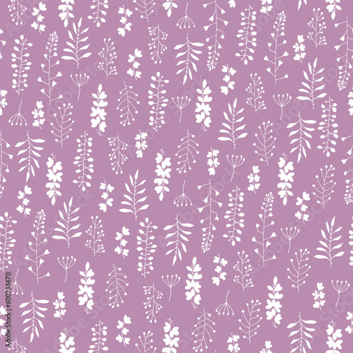 Seamless texture for your design. White grass and leaves on purple background. Illustration can be used for templates, wallpaper. © Elena Makina