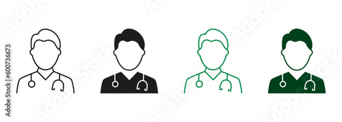 Male Physicians, Medic Assistant Black and Color Pictogram Set. Professional Doctor Man with Stethoscope Line and Silhouette Icons. Medical Specialist Symbol Collection. Isolated Vector Illustration