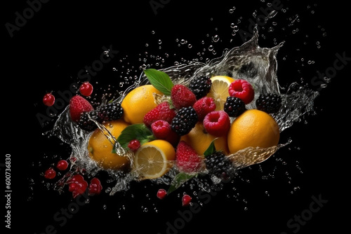 Ripe fruits and berries  splashes of water on a black background. AI generative.