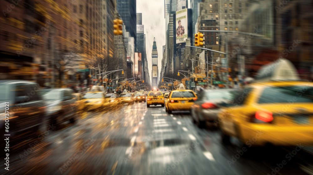 Blurred New York City cityscape, full of cars and yellow taxis. Generative AI