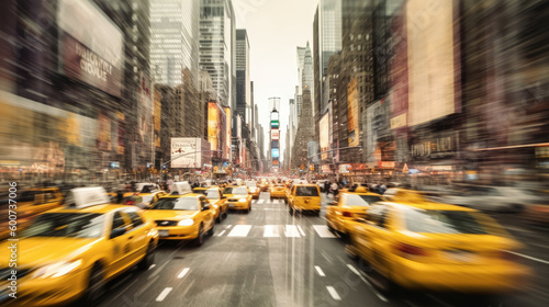Blurred New York City cityscape, full of cars and yellow taxis. Generative AI