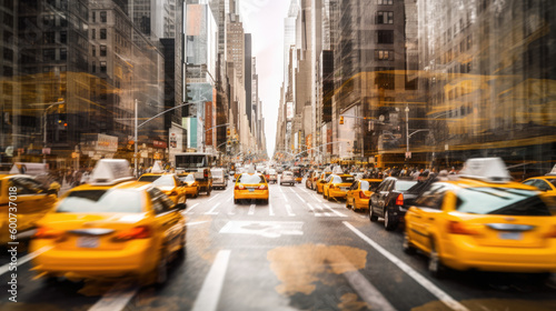 Blurred New York City cityscape, full of cars and yellow taxis. Generative AI © Farnaces
