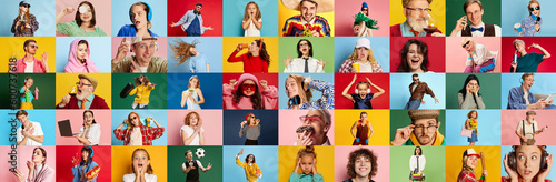 Collage made of portraits of happy emotional people of different age and gender posing over multicolored background. Concept of human emotions, youth, lifestyle, facial expression. Ad