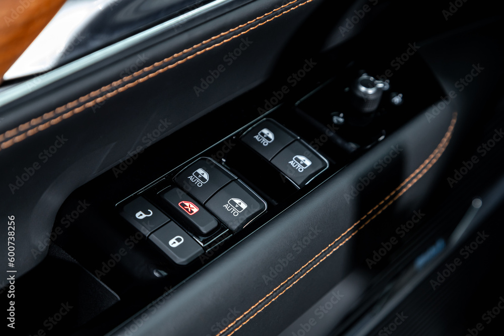 Side door buttons: window, mirror adjustment buttons, door lock. Car inside. Side door buttons: window, mirror adjustment buttons, door lock. Car inside.