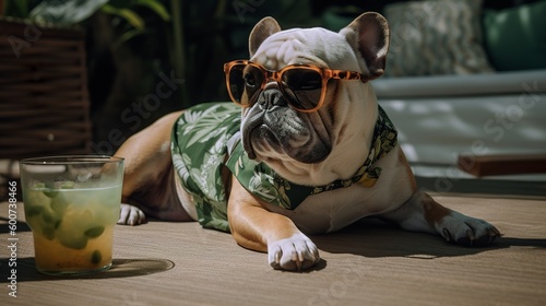 Super cute bulldog sunbathing and wearing sunglasses, Generative AI © AIExplosion