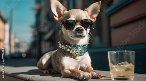 Super cute chihuahua sunbathing and wearing sunglasses, Generative AI © AIExplosion