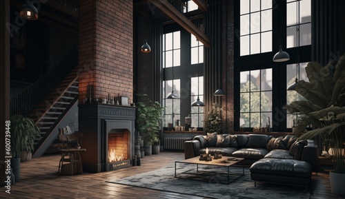Dark living room loft with fireplace, industrial style. Generative AI.