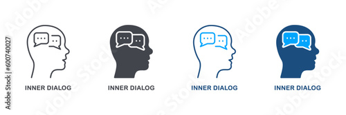 Personality Cognition, Dialog with Yourself Pictogram. Internal Conversation, Think Process Sign Collection. Inner Dialog in Human Head Silhouette and Line Icon Set. Isolated Vector Illustration