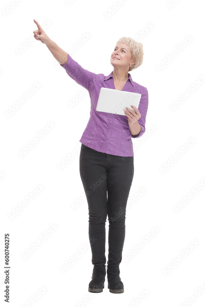 smiling mature woman with a digital tablet . smiling mature woman with a digital tablet .