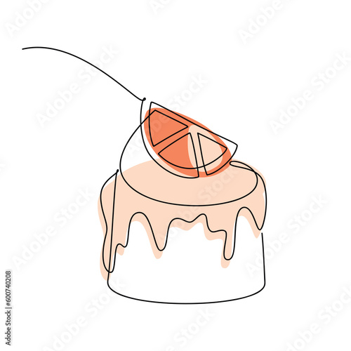Creamy cake with piece of orange vector one line continuous drawing illustration. Hand drawn linear silhouette icon. Minimal design element for print, banner, card, wall art poster, brochure, logo.