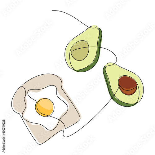 Line continuous hand drawn illustration. Avocado, egg on toast vector. Fruit and vegetable icon. Minimal linear silhouette. Outline design, print, banner, card, logo, cartoon sign, graphic doodle.