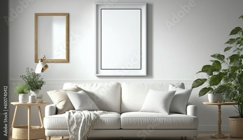 Mockup frame in Scandinavian living room interior background. Generative AI. © Newton