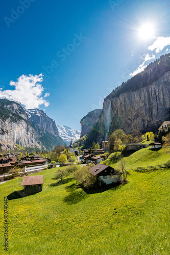 view of Lauterbrunnen on a beautiful sunny spring day in the Bernese Alps photo