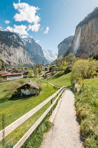 view of Lauterbrunnen on a beautiful sunny spring day in the Bernese Alps