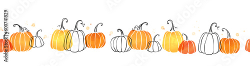 Cute hand drawn pumpkin horizontal seamless pattern, hand drawn pumpkins - great as Thanksgiving background, textiles, banners, wallpapers, wrapping - vector design