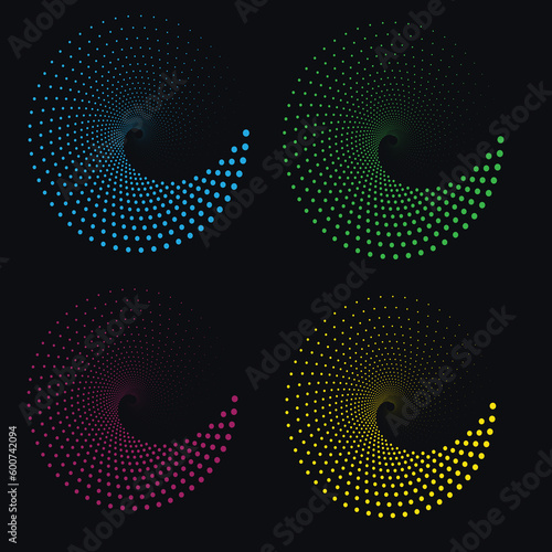 Set of abstract swirl shapes and design elements with various color concepts. Abstract circular dots colorful halftone disco background, swirling twisted vortex, vibrant party lights.