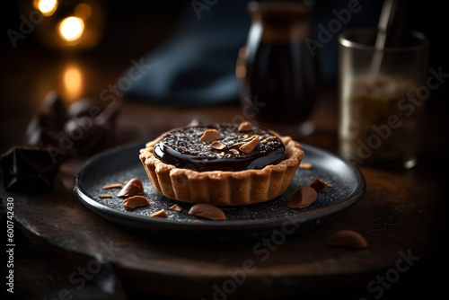 Crispy pastry tartlet filled chocolate. Generative AI.