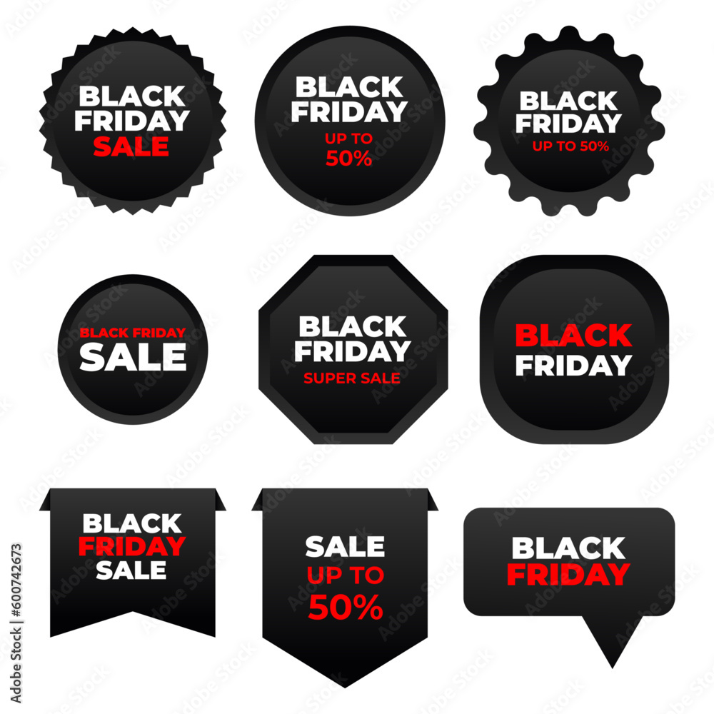 Black friday sale labels collection. Market sale tags, shopping sales sign label and marketing labels vector illustration