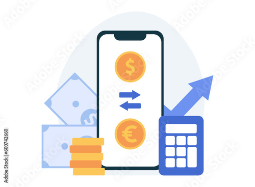 Money exchange app. Currency exchange. Money conversion. Euro to dollar concept. Vector illustration.
