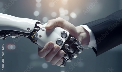 Un Robot IA et un homme se serrent la main photo