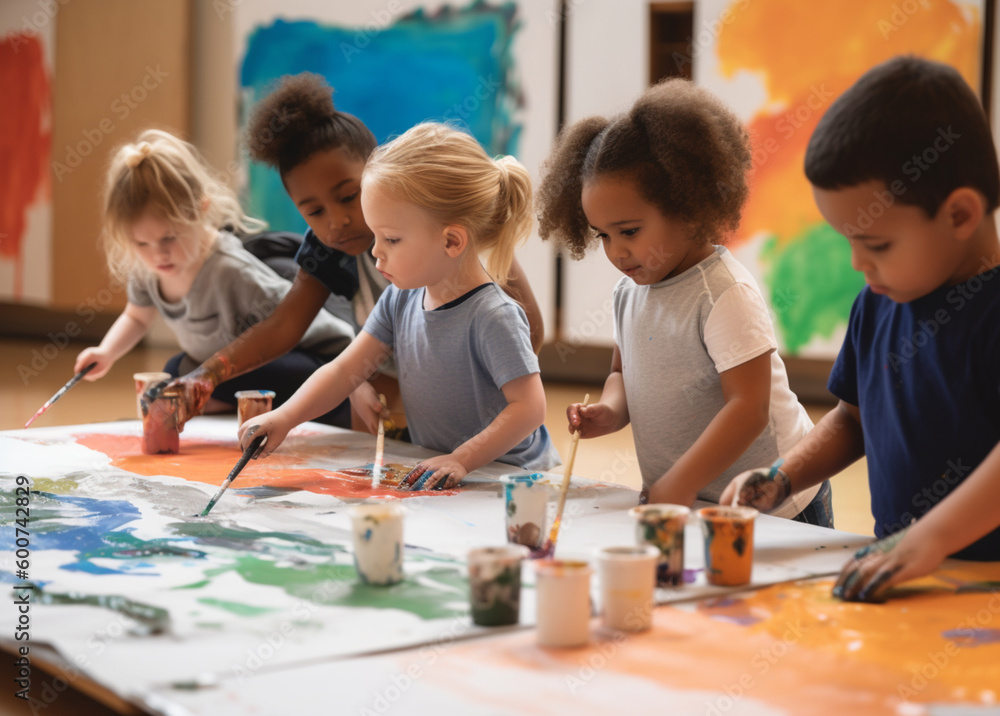 Fototapeta premium A group of children painting and creating art together by Ai Generated 