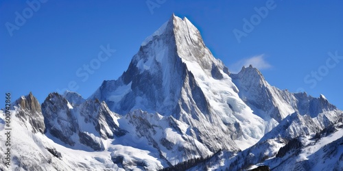 A majestic mountain range covered in snow, with clear blue skies above, concept of Natural landscape beauty, created with Generative AI technology